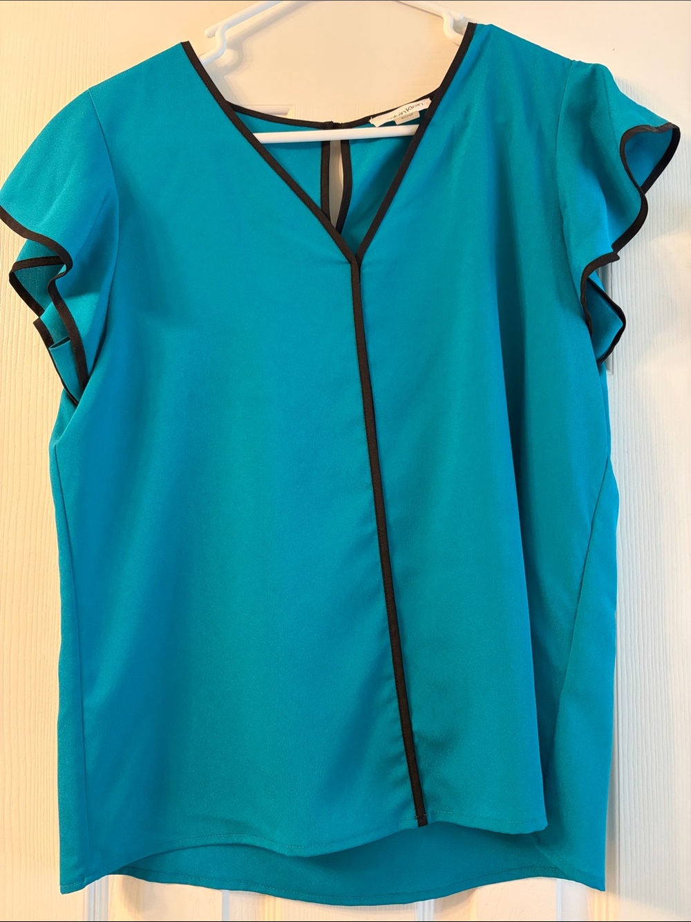 Calvin Kline Women’s Teal Flutter Sleeve V-Neck Blouse with Black Trim